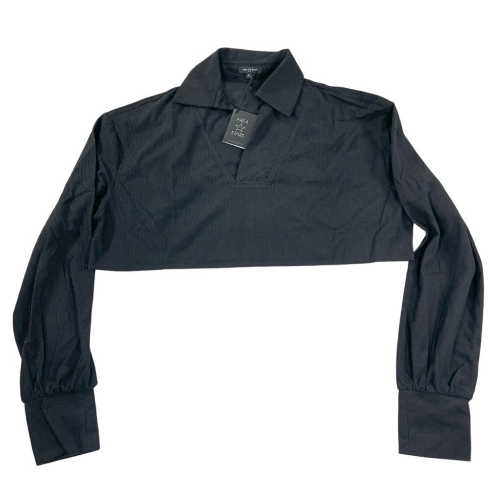 Area Stars Micro Waffle Cropped Top Black Long‎ Sleeve V Neck Collar Size M NEW